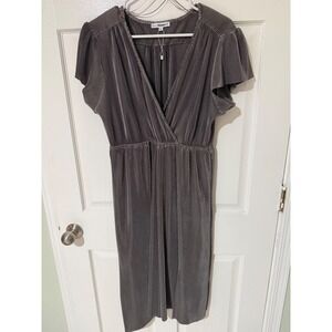 Baltic Born Charcoal Grey Pleated Wrap Midi Dress XL Flutter Sleeve Plisse